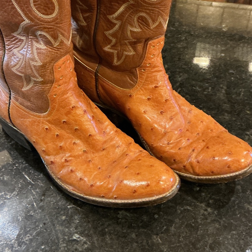 Rios of Mercedes Two-Tone Brown Tan Ostrich Leather Cowboy Boots - Picture 2 of 4